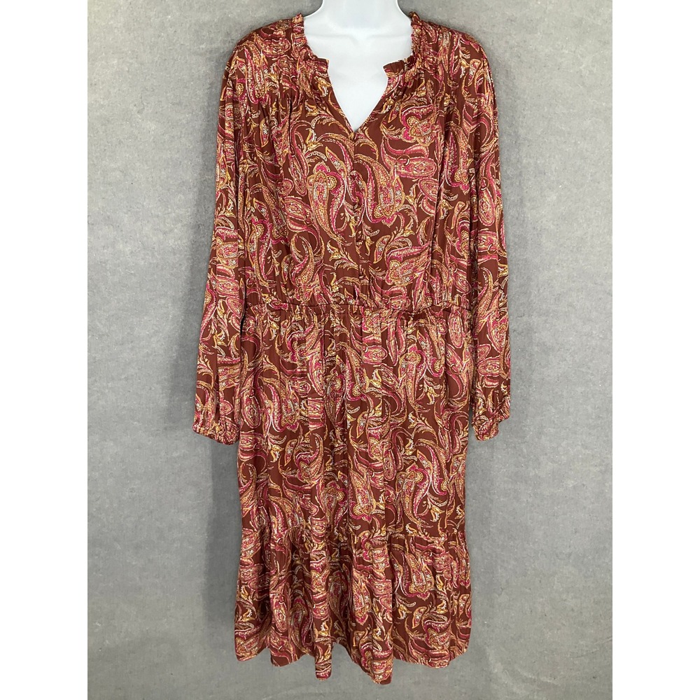 Laneโ Bryant Midi Dress Womens Sz 20 Paisley Print Long Sleeve Brown Pink Flowy